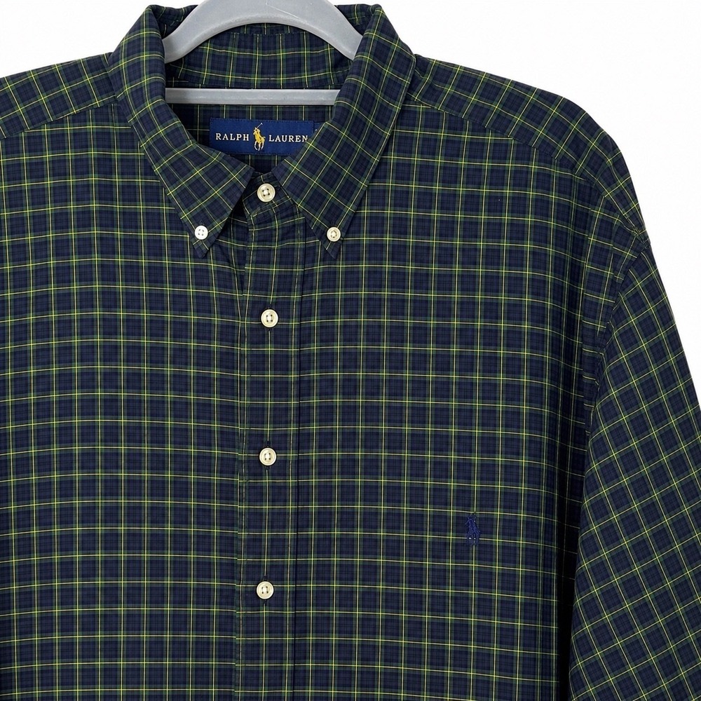 Ralph Lauren Mens 2XLT Button Down Shirt Blue Greenโ Plaid Long Sleeve Preppy